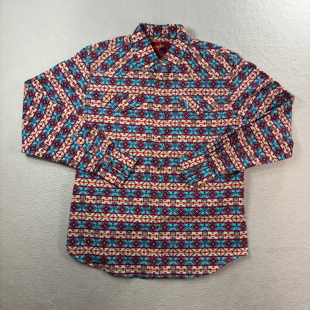 Rodeo Clothing Co Aztec Pearl Snap Button Shirt Mens‎ Large Red Blue AOP Western